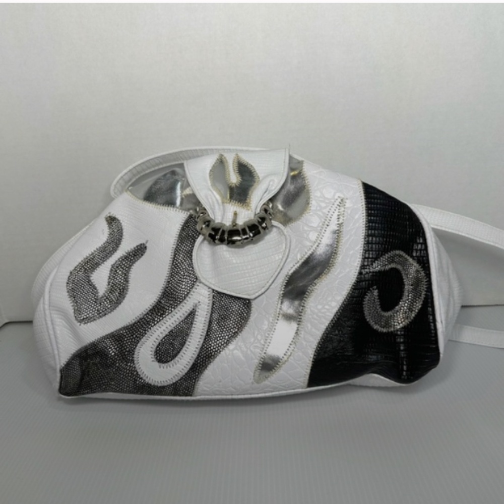 Vintage Bag Bazaar Lg Purse/Handbag/Satchel Croc Embossed Black/White